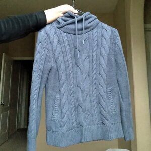 LL Bean Blue Women's Double L Mixed-Cable Knit Sweater with Funnelneck